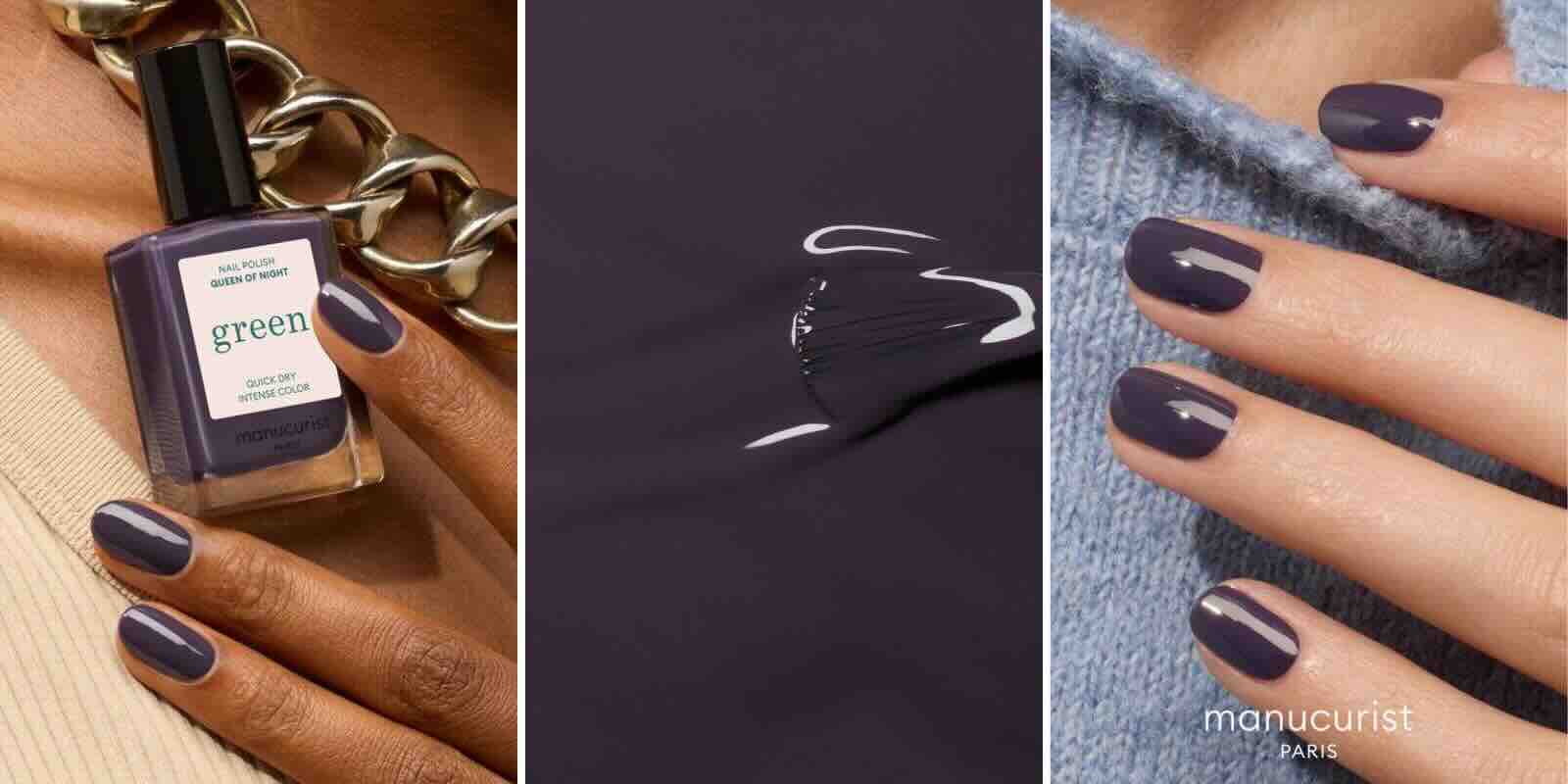 Green Queen of Night nail polish by Manucurist, a rich purple with subtle gray undertones, showcasing glossy texture and a sophisticated, captivating manicure – L’Officina Paris